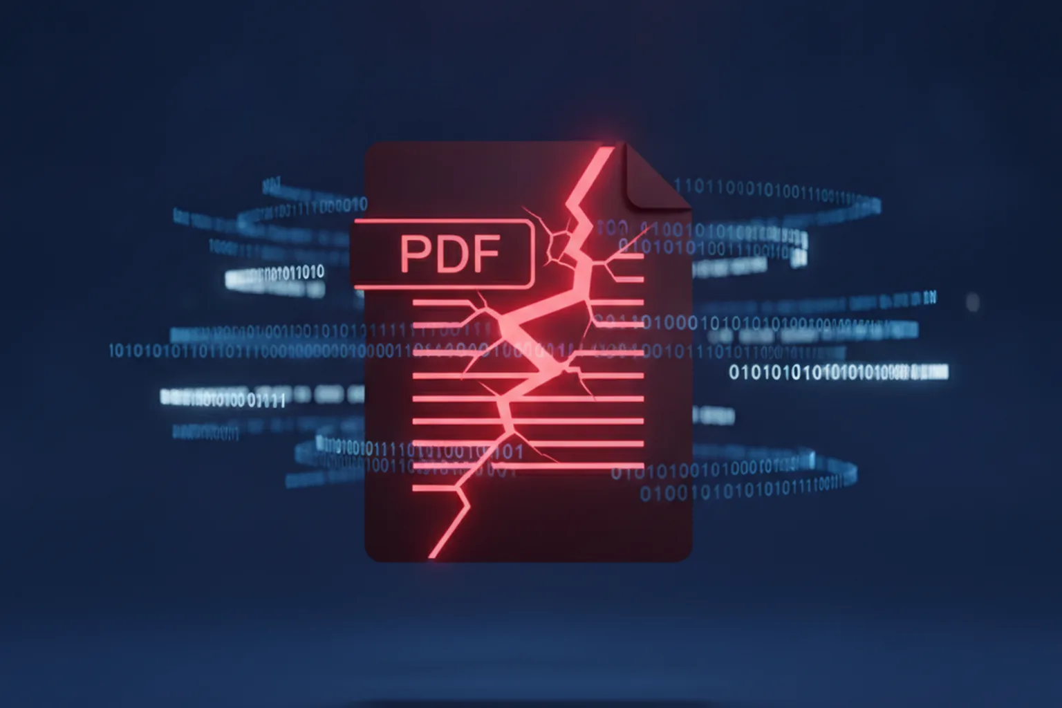 Треснувший значок PDF-файла на фоне двоичного кода — уязвимость Adobe Acrobat