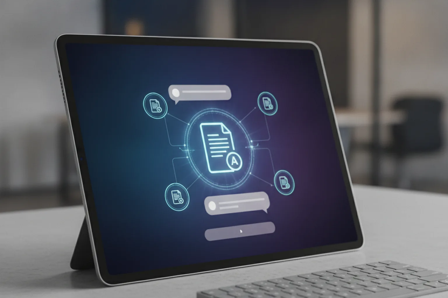 Планшет с иконками документов и чат-интерфейсом — Adobe плагин для ChatGPT с Acrobat