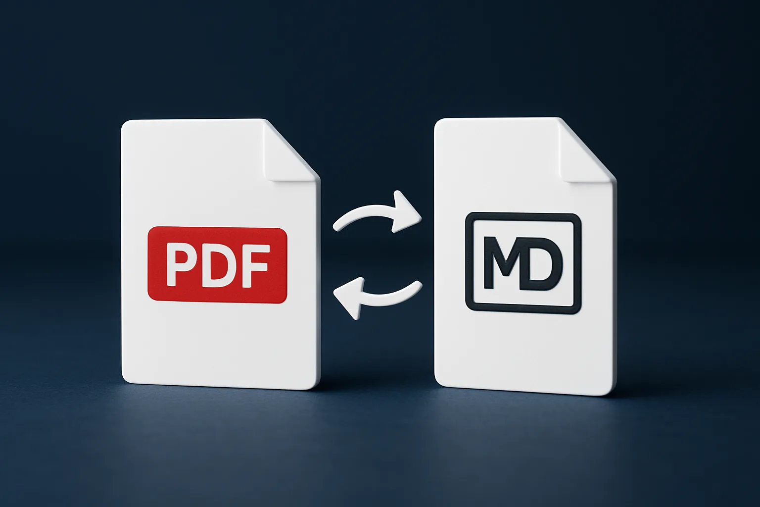 Иконки файлов PDF и Markdown с двусторонними стрелками конвертации — Adobe PDF Services SDK