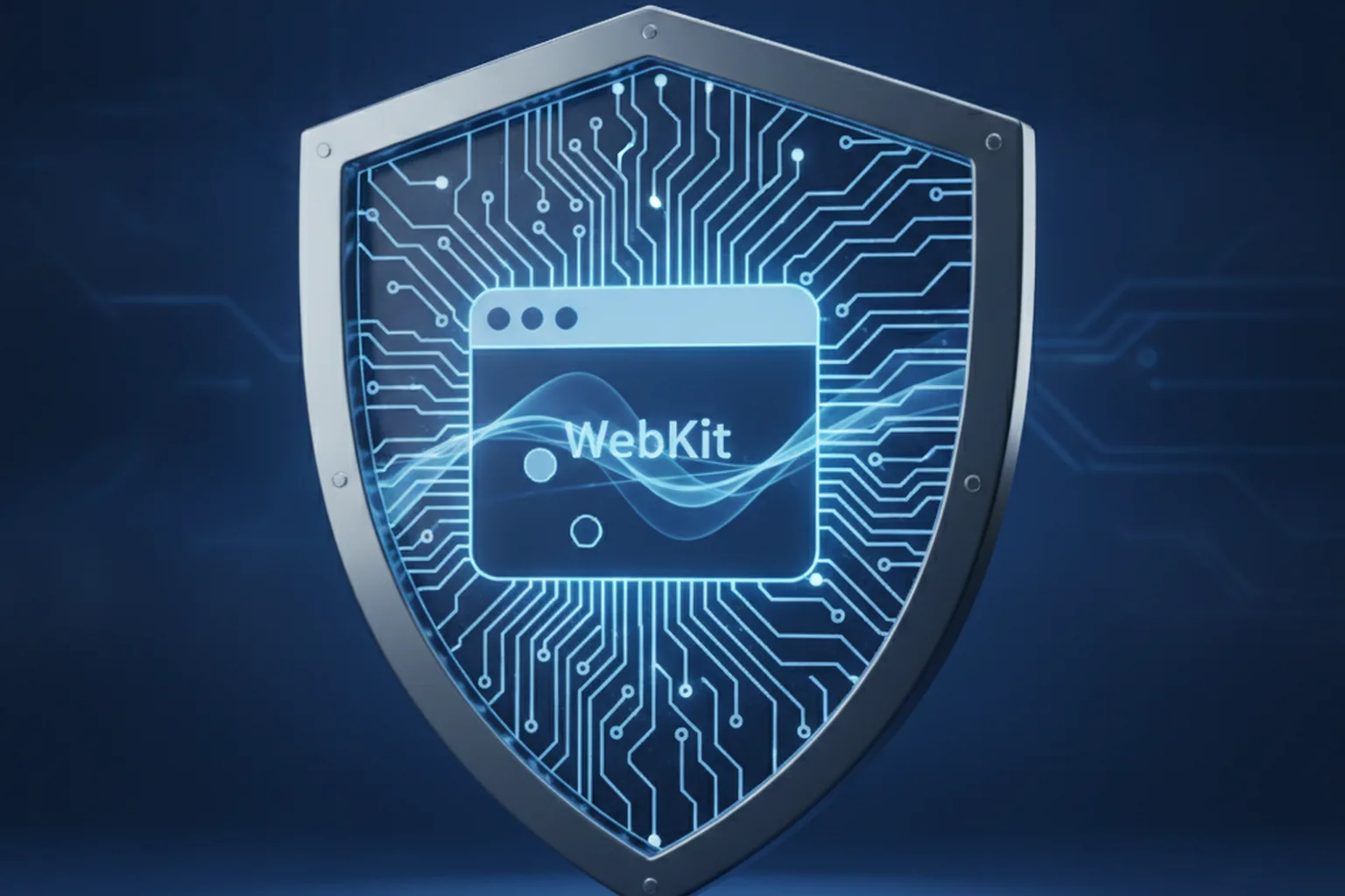 Щит безопасности с WebKit-схемой платёжных сигналов на синем фоне — обновления безопасности Apple iOS 26.6.1 и macOS 26.6.2