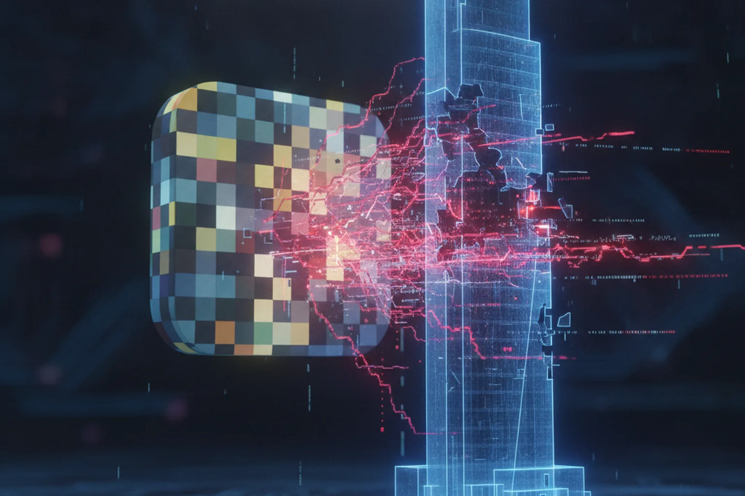 Картинка из цветных пикселей BMP разрушает синий чертёж здания красными потоками вредоносного кода