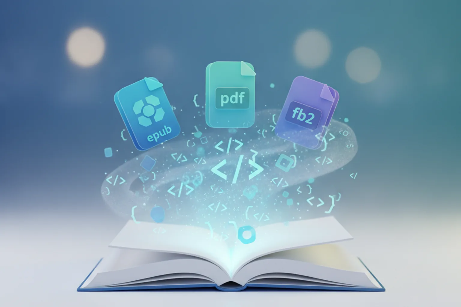 Открытая книга, из которой вылетают иконки файлов EPUB, PDF и FB2 и символы HTML-кода — обновление Calibre 9.11