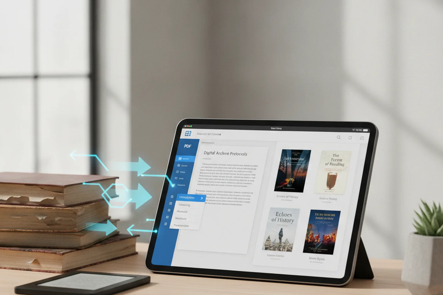 Планшет с интерфейсом библиотеки электронных книг и стрелками конвертации форматов — обновление Calibre 9.13