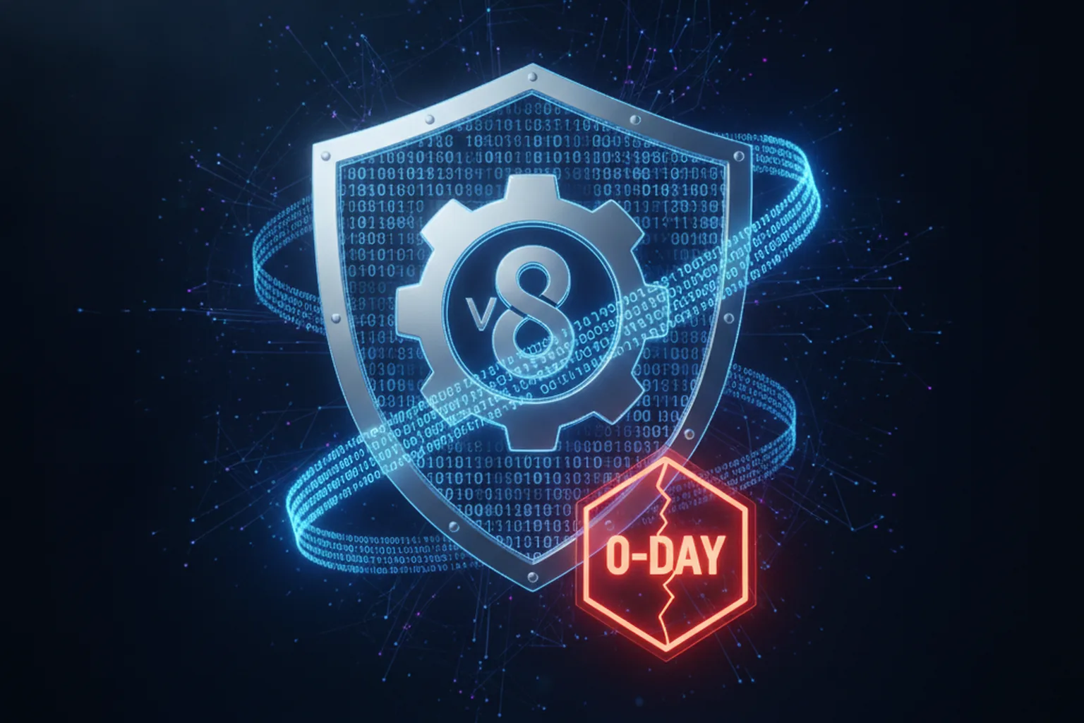 Щит с символом V8-движка и красным знаком 0-day на тёмном фоне