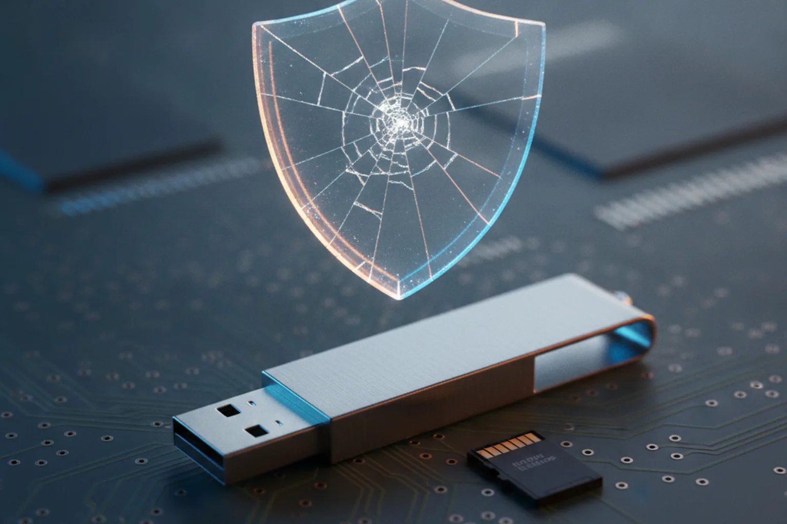 USB-флешка и microSD-карта на плате и треснувший голографический щит — уязвимости FatFs