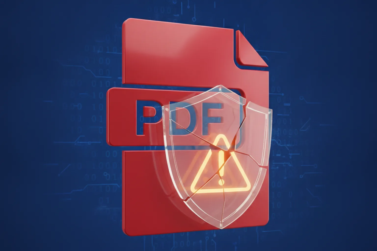 Красный значок PDF-файла с треснувшим защитным щитом и предупреждающим знаком