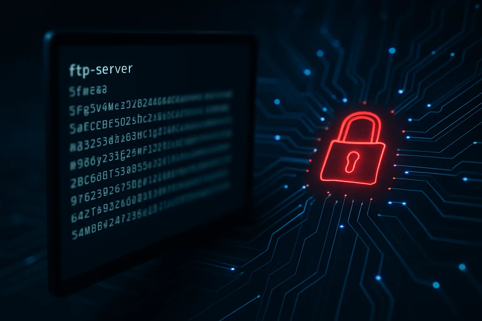 FTP-сервер с зашифрованными командами и красный замок на схеме — иллюстрация угрозы E4del и PINHOLE