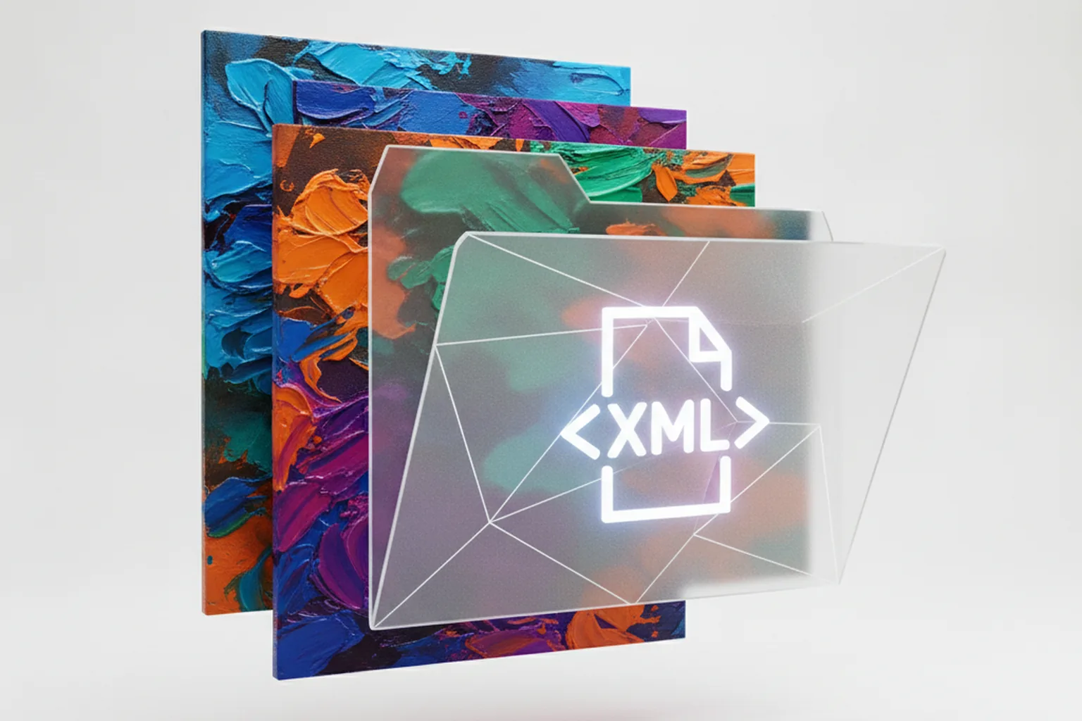 Слои разноцветных холстов с мазками краски и прозрачная папка с иконкой XML-файла — новый формат проекта GIMP