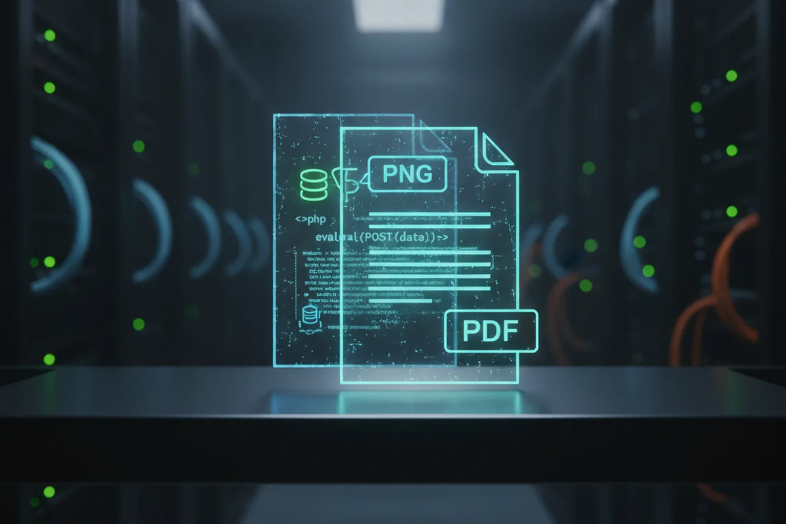 PNG- и PDF-файлы с PHP-кодом внутри на фоне серверной комнаты
