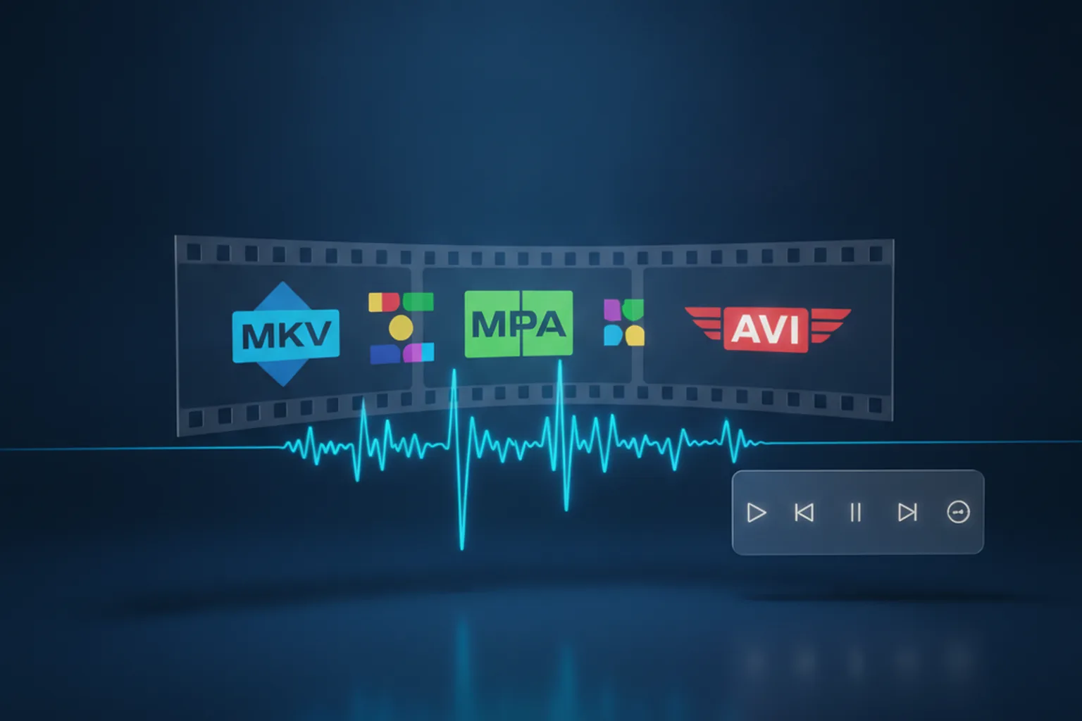 Киноплёнка с иконками форматов MKV и AVI, аудиоволна и панель воспроизведения — обновление кодеков K-Lite 19.8.8