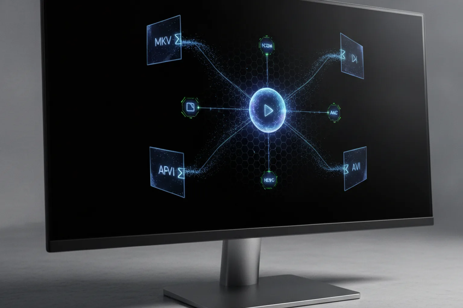 Монитор с абстрактной схемой форматов MKV, AVI, HEVC, связанных с центральным медиаплеером