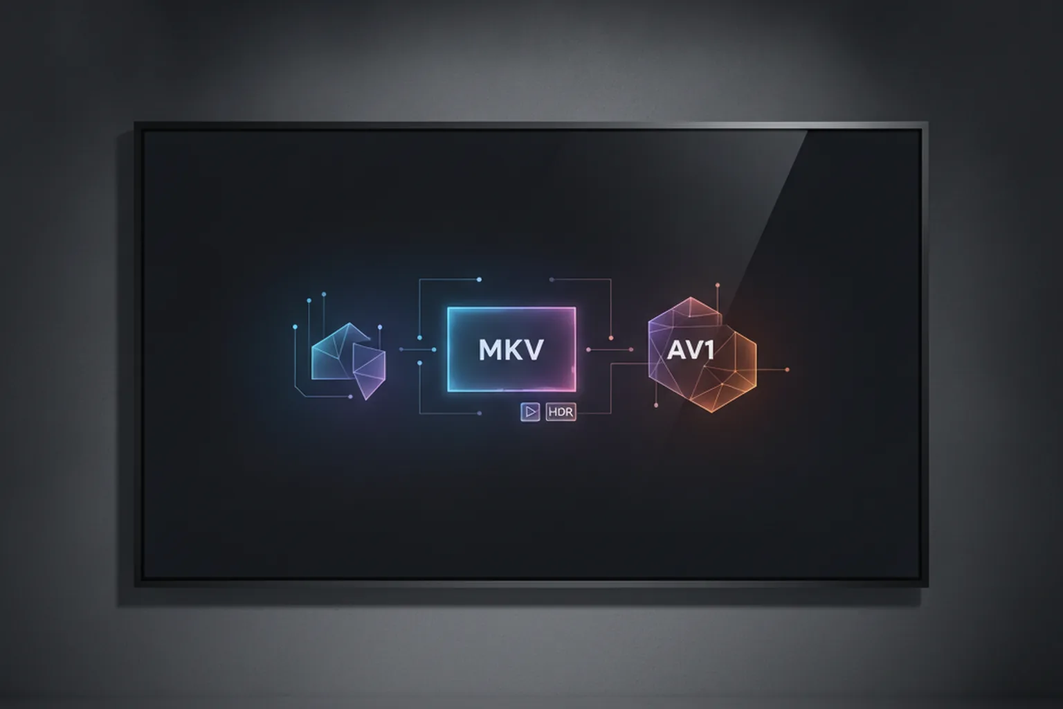 Экран телевизора с иконками форматов MKV, HDR и AV1 на тёмном фоне