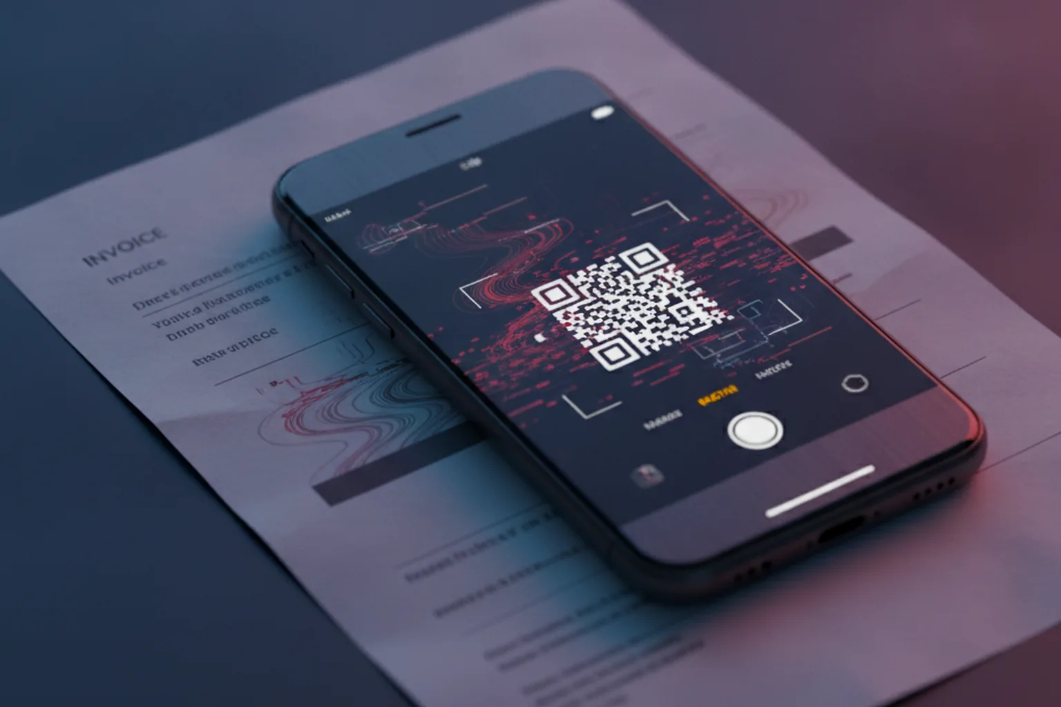 Смартфон сканирует QR-код на размытом бумажном счёте