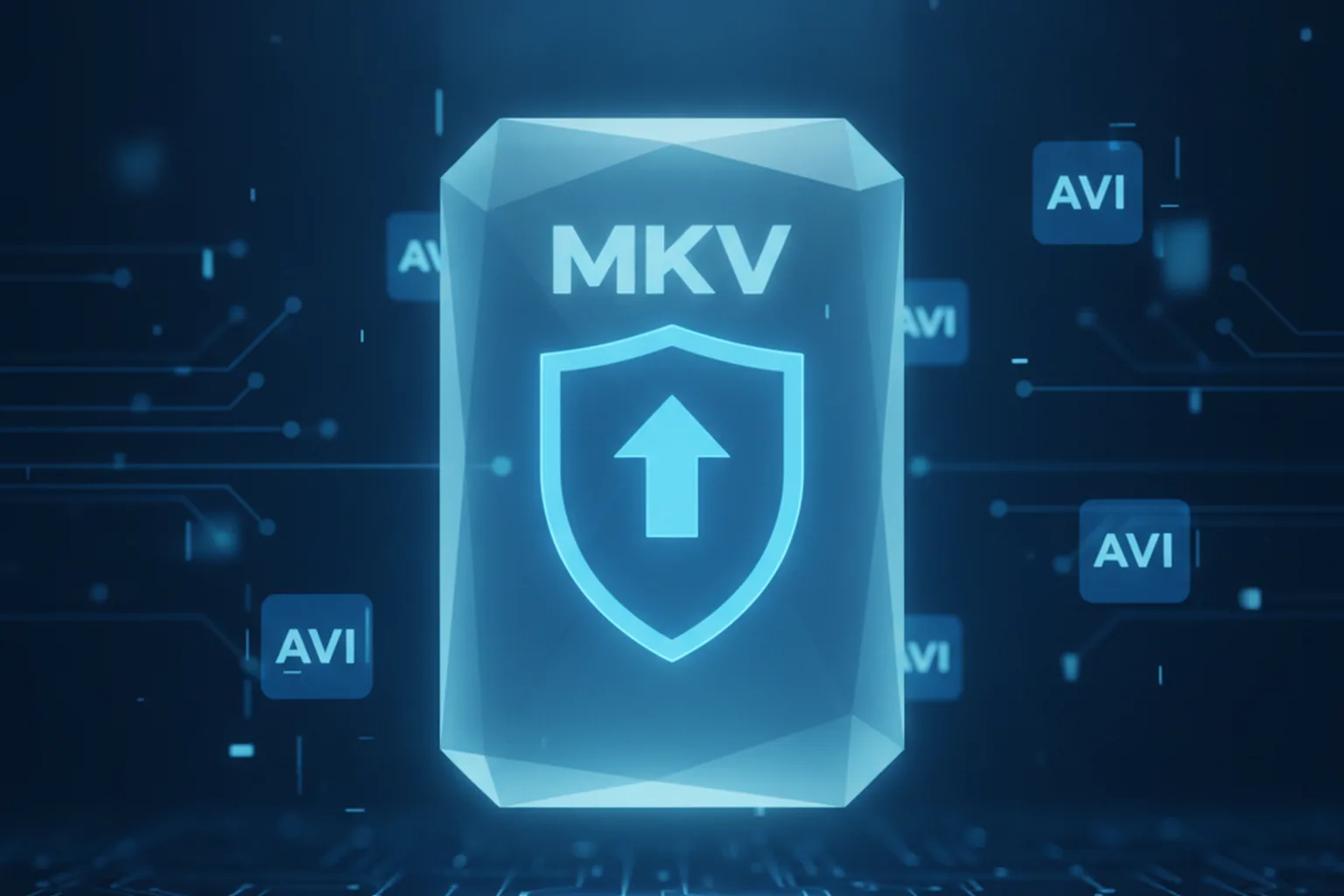 MKV-контейнер с щитом безопасности и AVI-иконками на тёмно-синем фоне — MKVToolNix 102.0