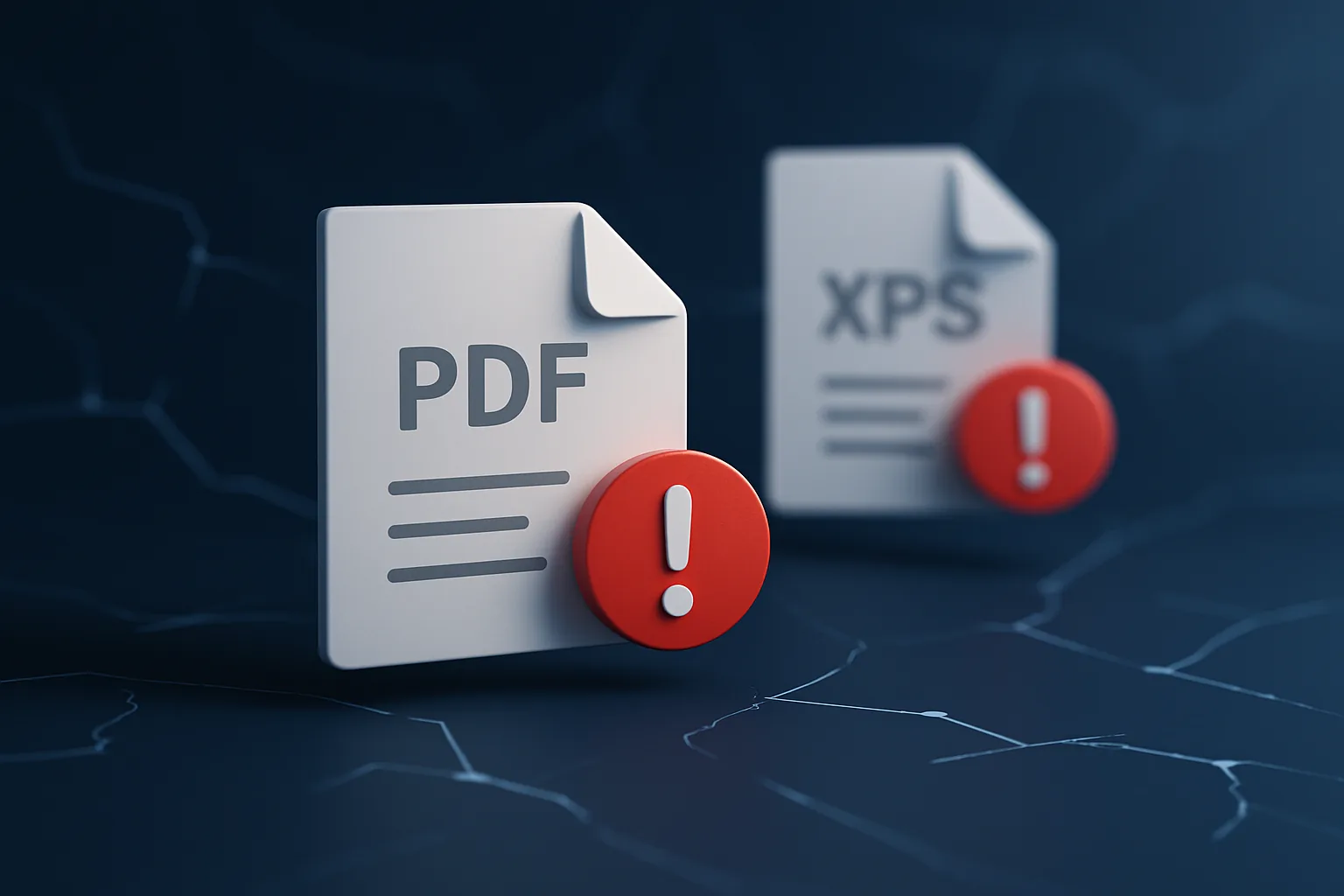 Иконки PDF и XPS с красными знаками ошибки на тёмном фоне