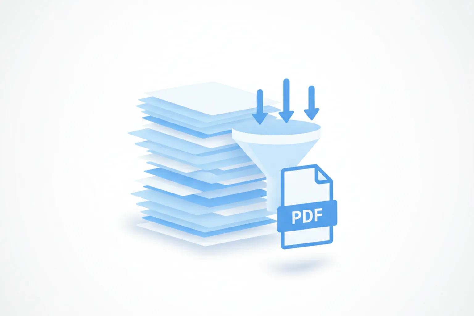 Стопка страниц документа сжимается через воронку в один компактный PDF-файл