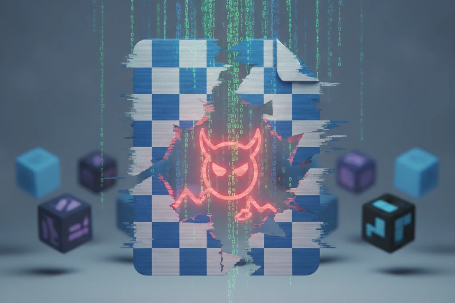 Файл PNG трескается, из него вырывается вредоносный код на фоне кубиков npm-пакетов