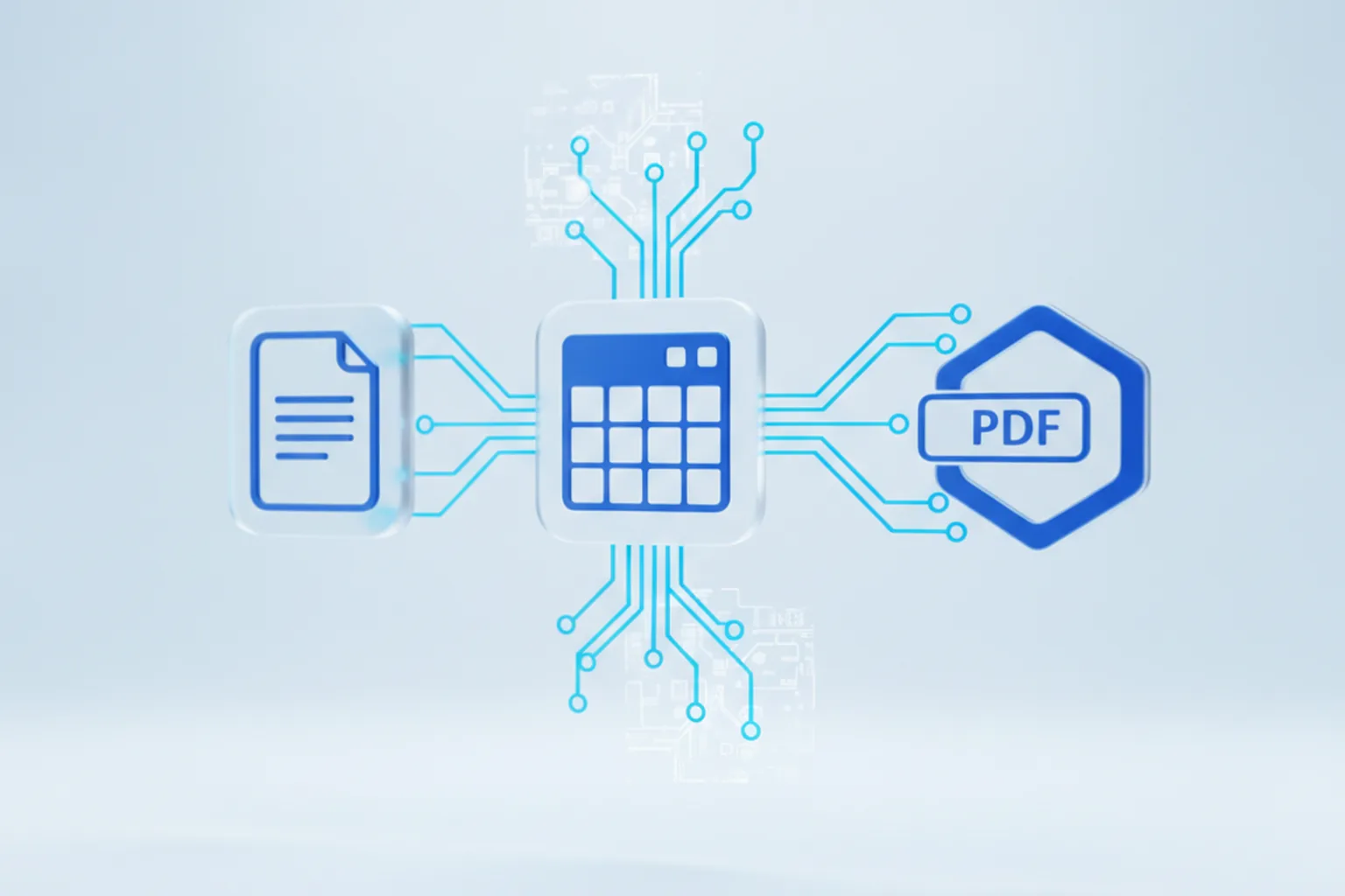 Связанные иконки документа, таблицы и PDF с AI-акцентами — ONLYOFFICE 10.0