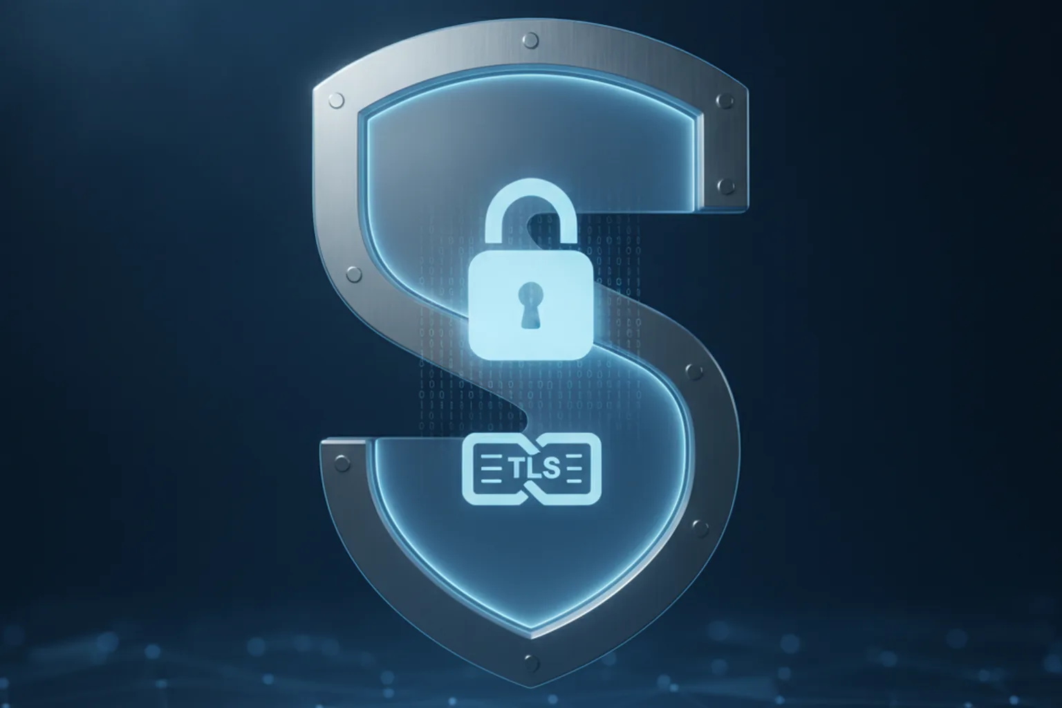 Щит безопасности с замком и символами TLS на тёмно-синем фоне — OpenSSL 3.0 EOL