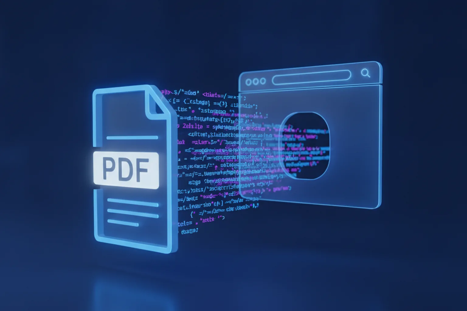 PDF-иконка с потоком JavaScript-кода, летящего в окно браузера