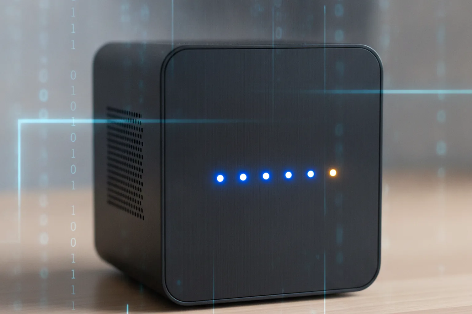 Компактный сетевой накопитель NAS со светодиодными индикаторами на фоне бинарного кода — символ уязвимости PHP2Shell на файловых хранилищах