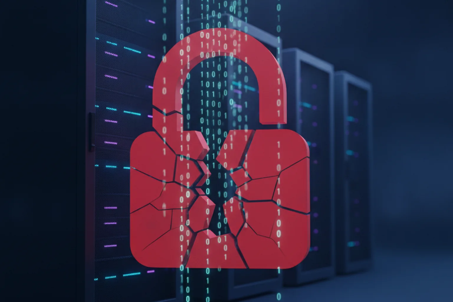 Расколотый замок на фоне серверных стоек и бинарного кода — символ критической RCE-уязвимости PHP2Shell