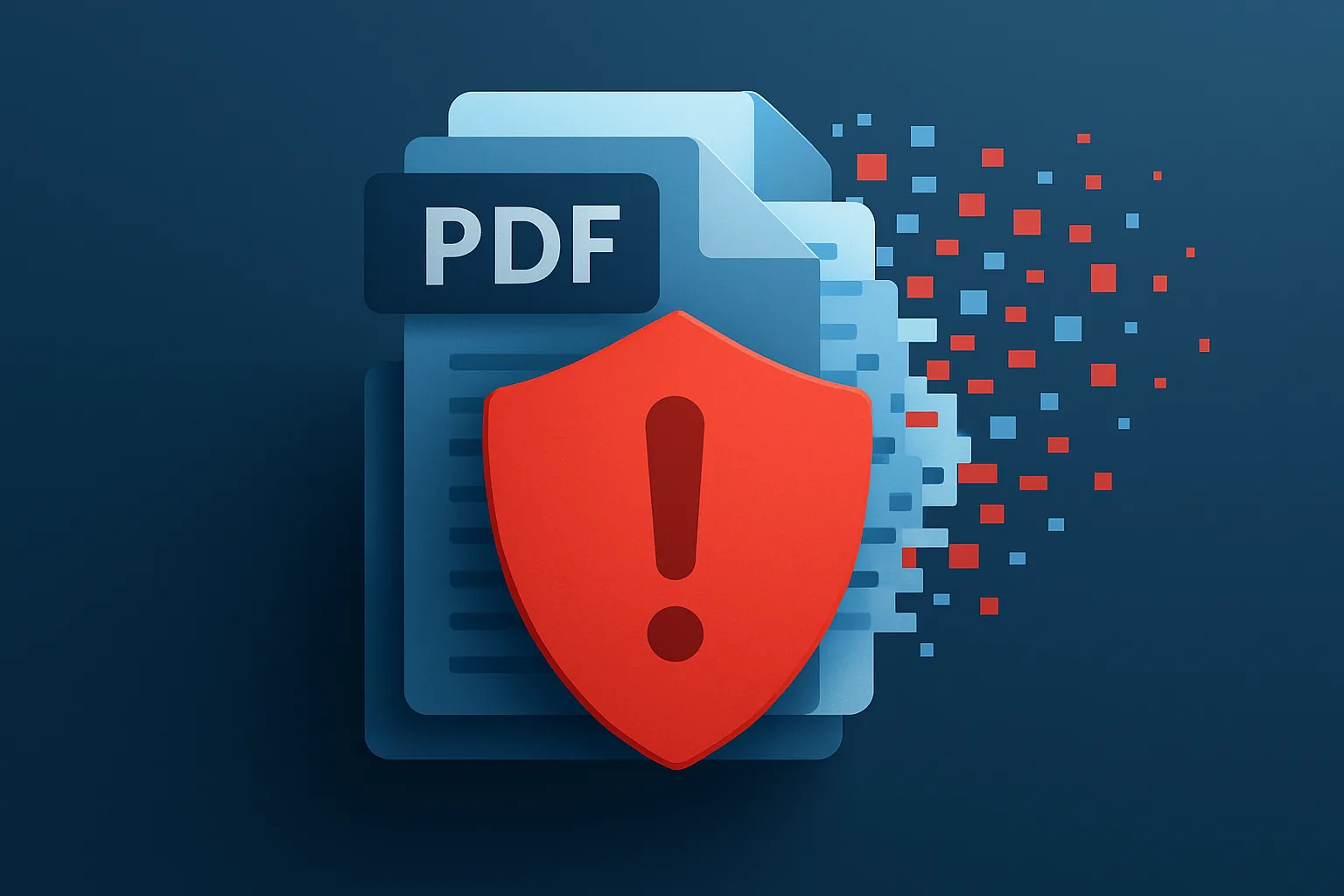 Красный щит с восклицательным знаком поверх стопки документов PDF — уязвимости отказа в обслуживании в pypdf