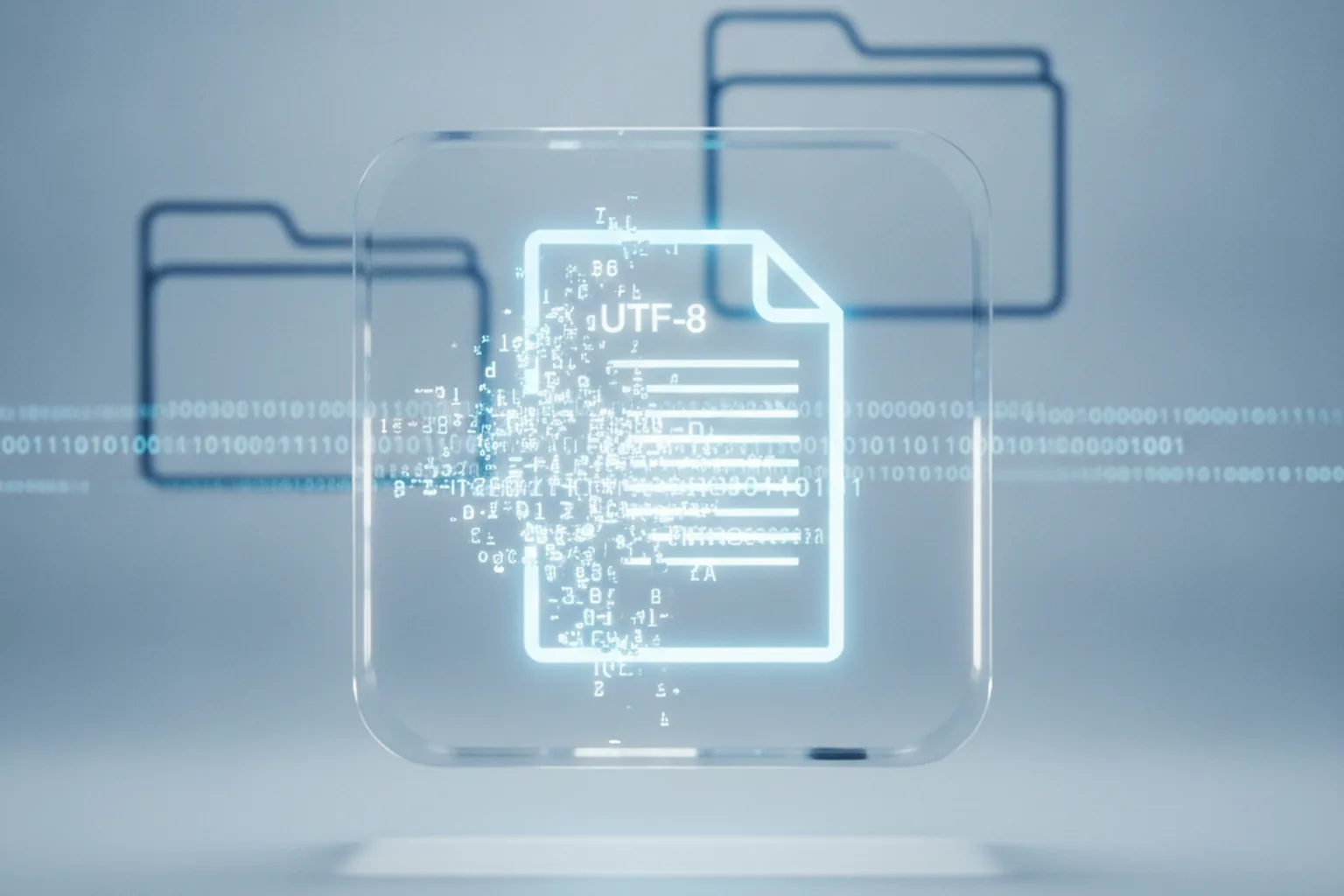 Светящаяся иконка текстового файла с надписью UTF-8, собирающаяся из разрозненных символов кракозябр на фоне бинарного кода и папок — релиз Python 3.15