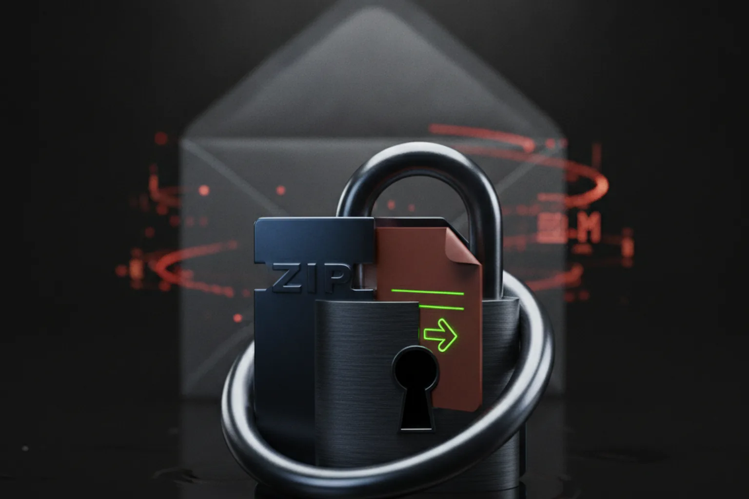 Запертый на замок ZIP-архив с вложенным файлом на фоне фишингового письма
