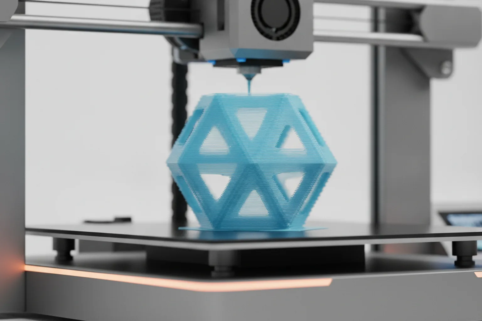3D-принтер печатает геометрическую модель слоями пластика