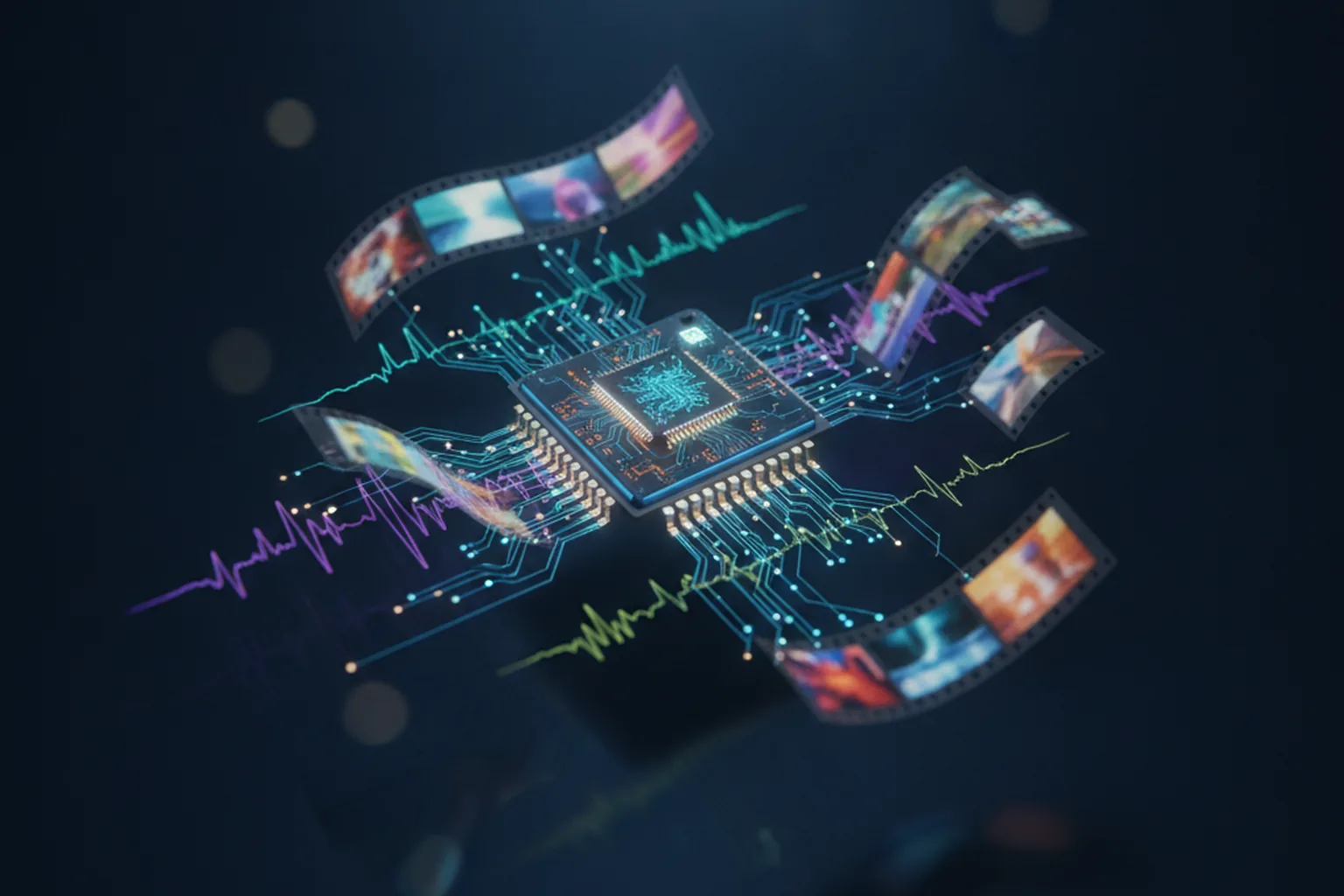GPU-чип с видеолентами и цифровыми волнами на тёмном фоне — VapourSynth R80