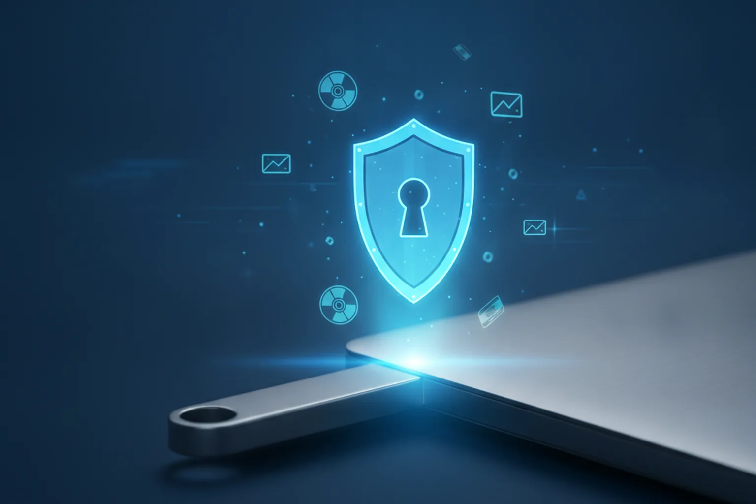 USB-флешка у порта ноутбука, светящийся щит с замком — Secure Boot и загрузка с ISO-образов