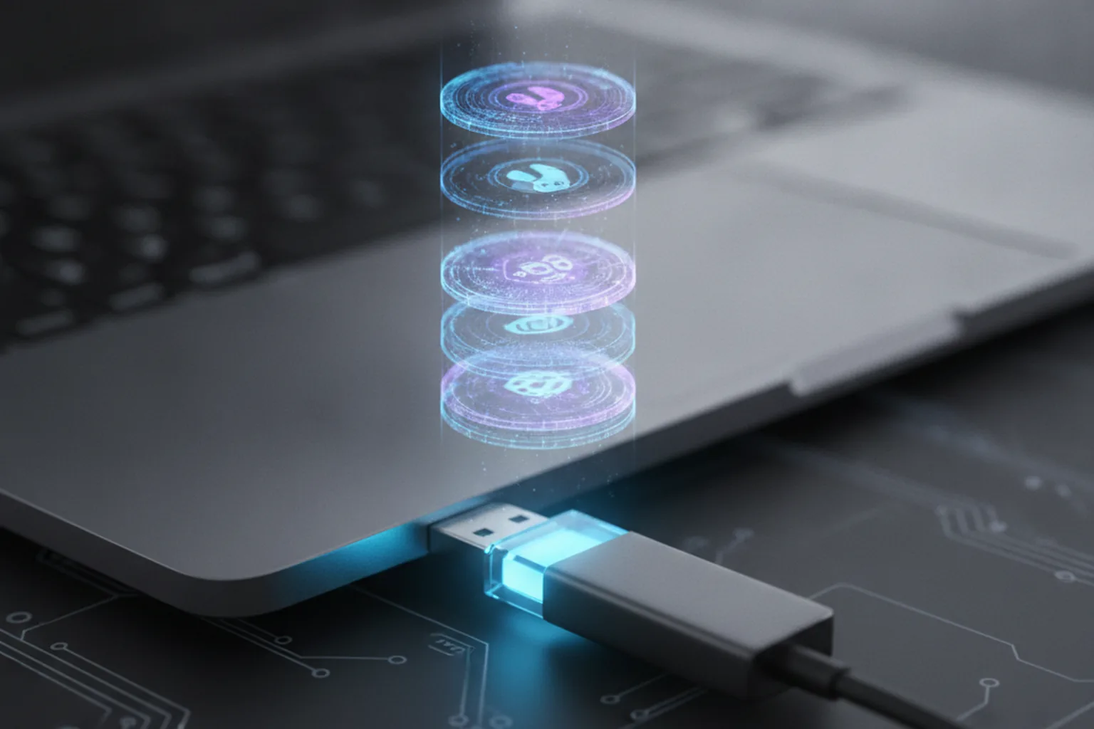 USB-флешка у порта ноутбука с голографическими значками нескольких загрузочных образов — Ventoy 1.1.18