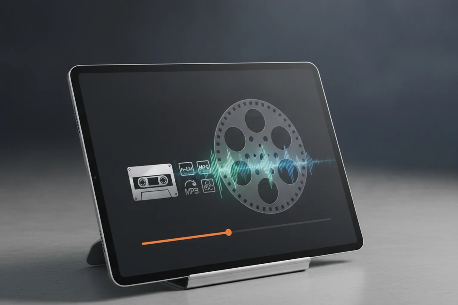 Медиаплеер с катушкой и кассетой на тёмном экране — VLC 3.0.24