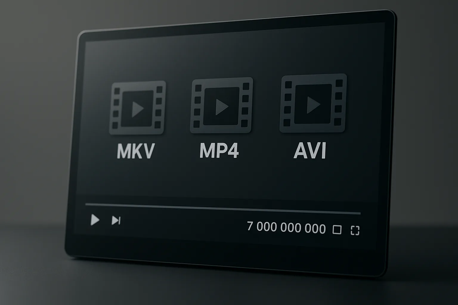 Тёмный интерфейс медиаплеера с иконками форматов MKV, MP4, AVI и счётчиком 7 млрд загрузок