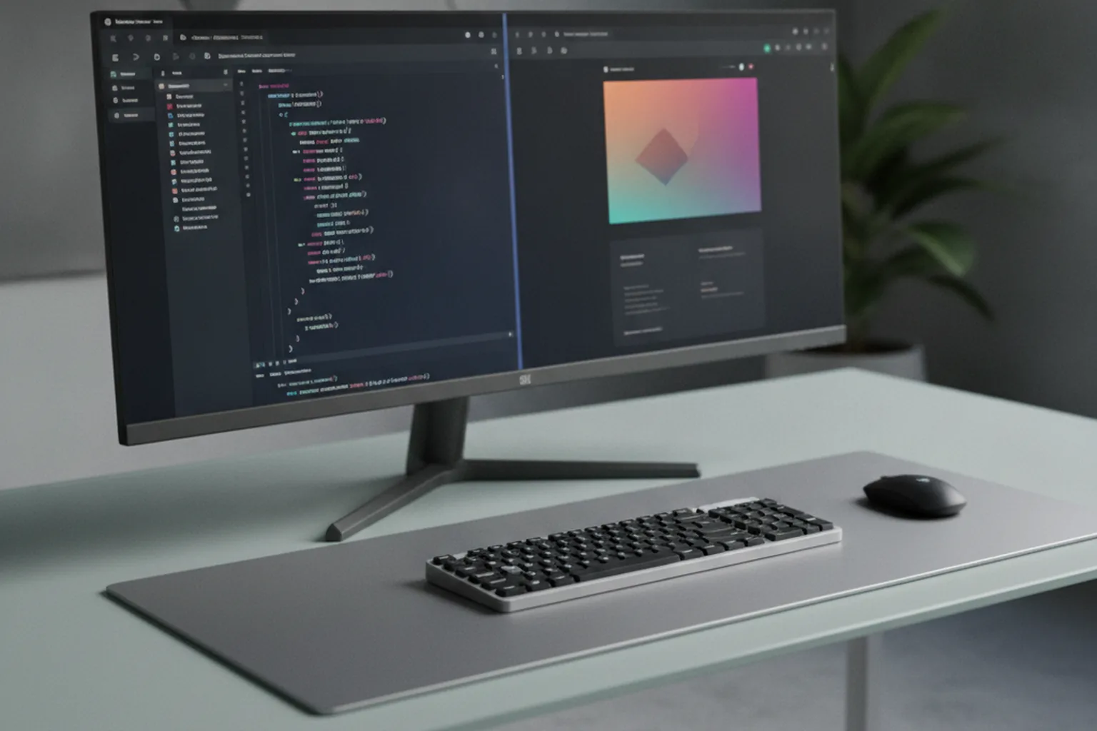 Тёмный редактор кода с панелью предпросмотра HTML на мониторе разработчика