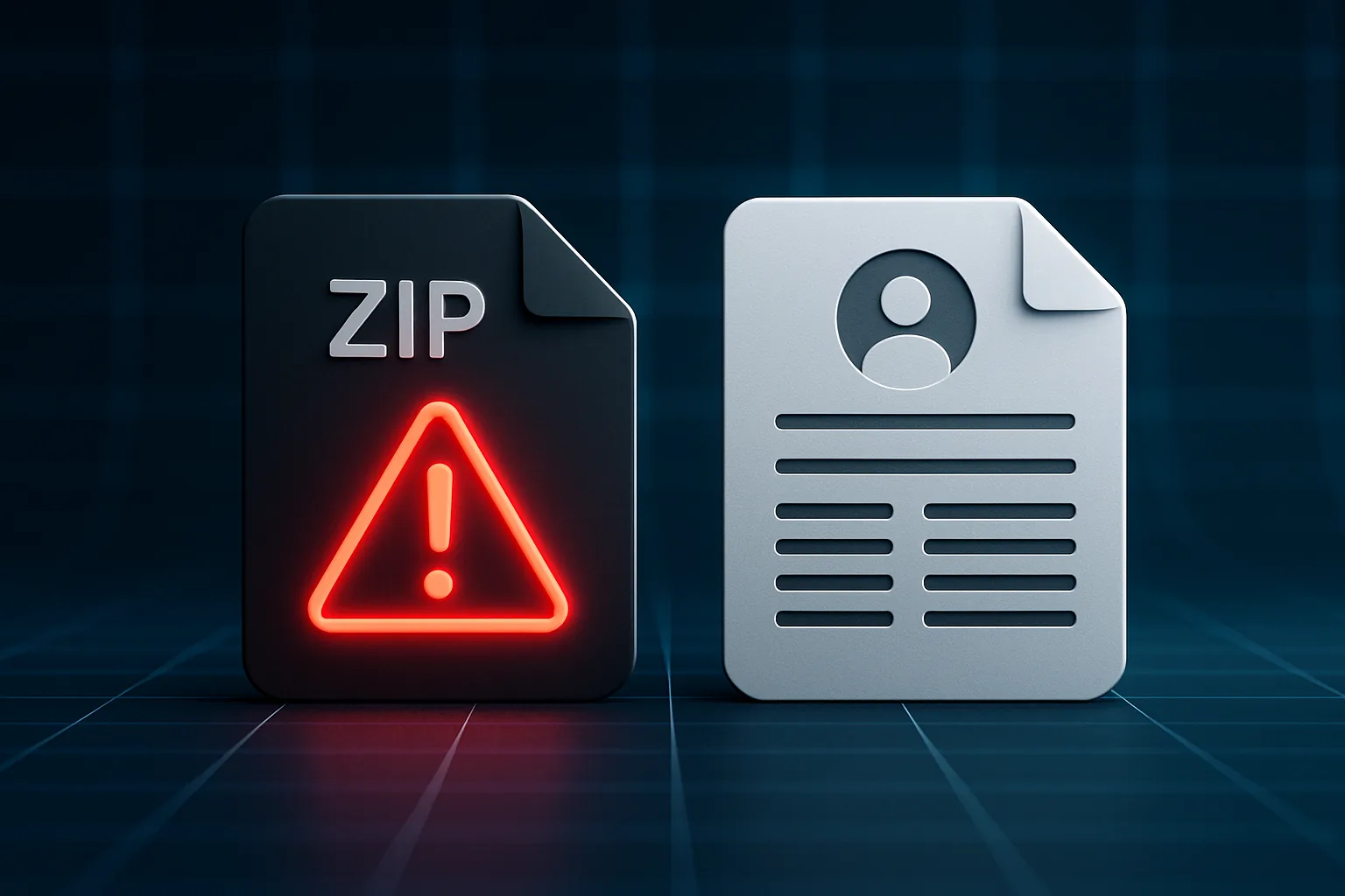 ZIP-архив с красным предупреждением рядом с иконкой резюме — иллюстрация атаки через поддельное резюме