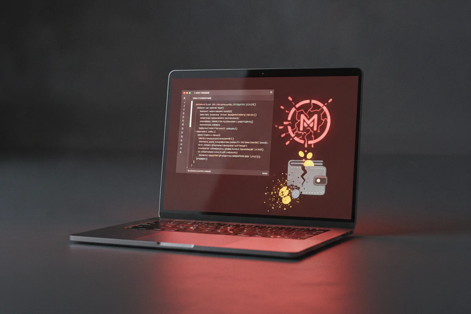 Ноутбук с открытым кодом npm-пакета и треснувшим криптокошельком на экране — атака WaterPlum