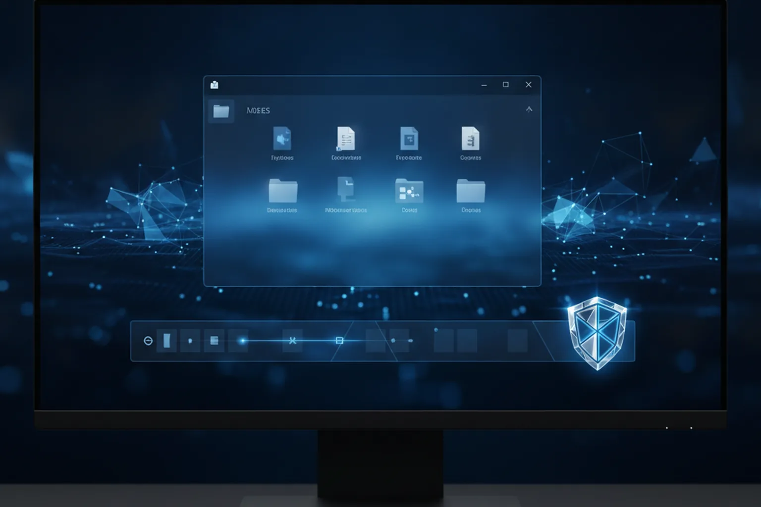 Окно файлового менеджера и щит безопасности на тёмно-синем фоне — Windows 11 KB5124008 сентябрь 2026