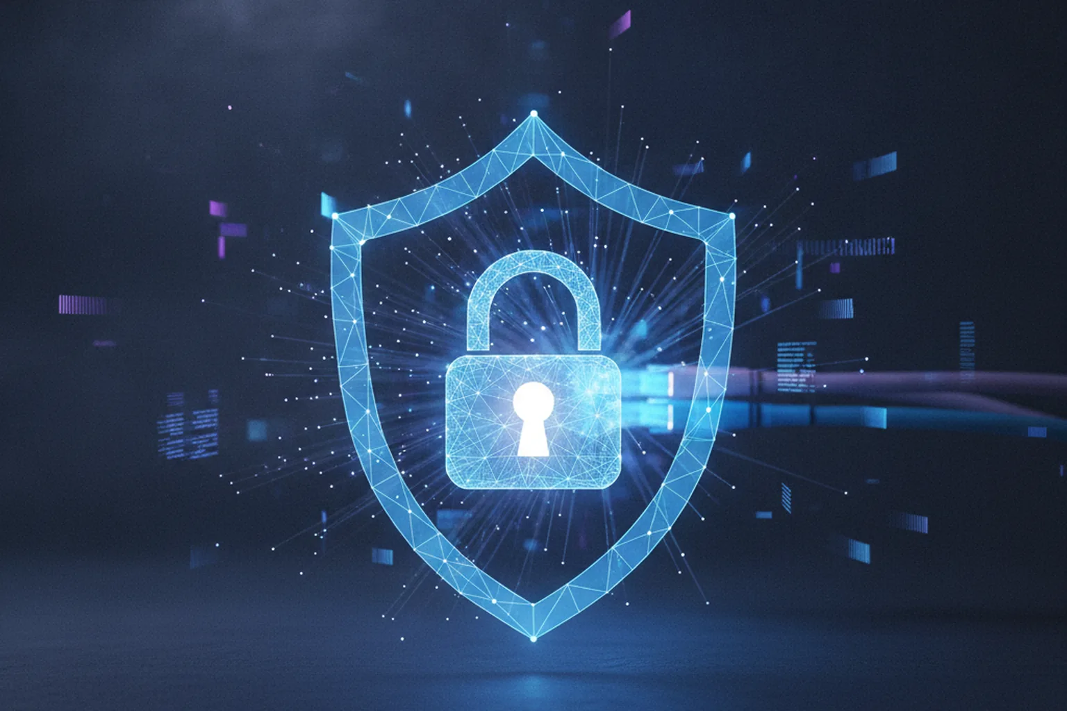 Цифровой щит с замком на тёмном фоне — безопасность передачи файлов WinSCP